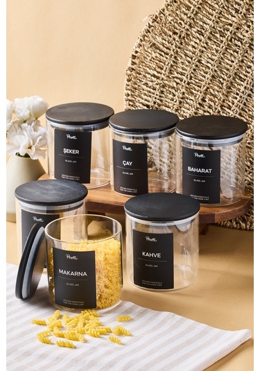 Laura 6'lı Siyah Ahşap Kapak Cam Kavanoz 750 Ml 10x10 Cm 16 Adet Etiket Hediyeli Seffaf Şeffaf