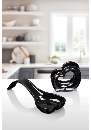 Okyanus Home Çift Baskı Kepçe Kaşık Altlığı Ve Peçetelik Siyah Siyah