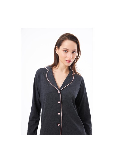 Antrasit Önden Düğmeli Pamuklu Kadın Pijama Takımı Antrasit