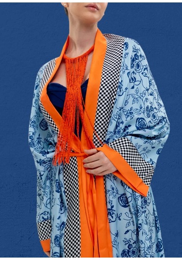 Mayovera Kimono - Mavi Çiçekler Tasarım Çok Renkli