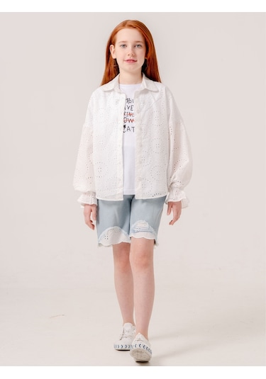 Kız Çocuk Fisto Gömlek T-shirt İkili Takım 1804 Ekru