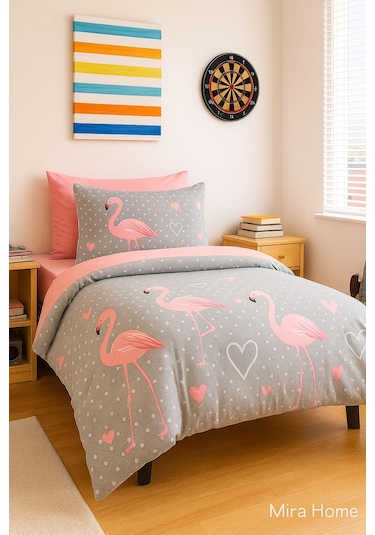 Flamingo Desenli Pamuklu Tek Kişilik Nevresim Takımı Pembe-gri