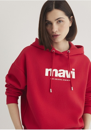 Mavi - Mavi Logo Baskılı Kapüşonlu Kırmızı Sweatshirt 168334-35476 Kırmızı