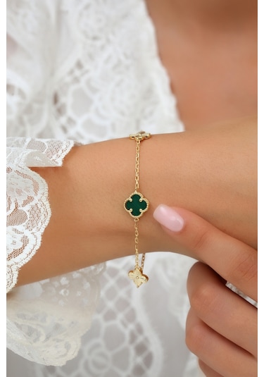 14k Altın Kaplamalı 925 Ayar Gümüş Granada Saray Yoncaları Bileklik - Yeşil 45103300 Altın