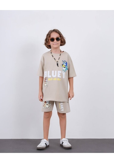 Miniko Kids Erkek Çocuk Bluey Modelli Pamuk Şortlu Takım Ekru