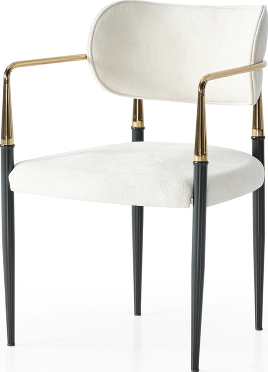Dengema Umay S81 Kollu Sandalye 2 Adet Sandalye Set, Krem Kumaş, Gold - Siyah Ayak Krem - Gold - Siyah