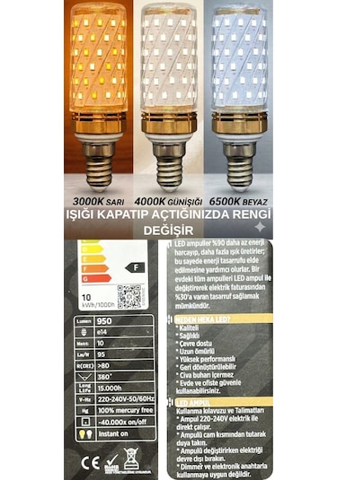 4 Adet Heka 10w 70w Sarı-günışığı-beyaz E14 Duylu Üç Renkli Led Mısır Ampul