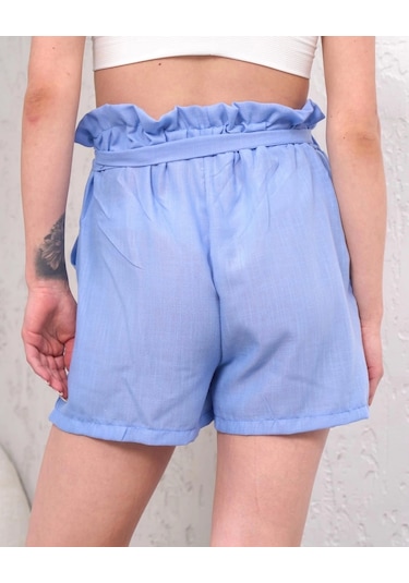 Kazax Kuşaklı Keten Şort Mavi S255265 Mavi