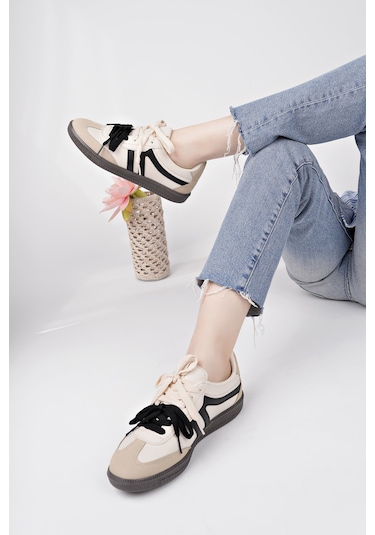 Muggo Retro Çift Bağcıklı Günlük Kadın Sneaker Spor Ayakkabı - Bej