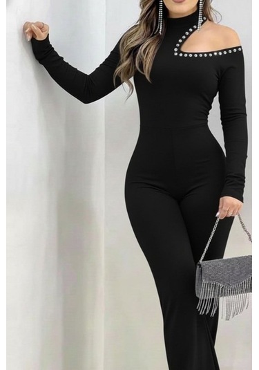 S-pazarım Kadın Tek Omuzdan Açık Balıkçı Yaka Taş Detaylı Uzun Ithal Krep Tulum Siyah