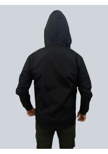 Erkek Kapüşonlu File Detaylı Siyah Yağmurluk Siyah