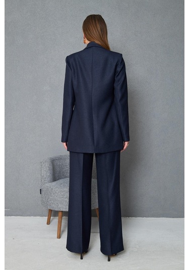 Kare Düğmeli Yünefekt Takım Lacivert Düz Lacivert