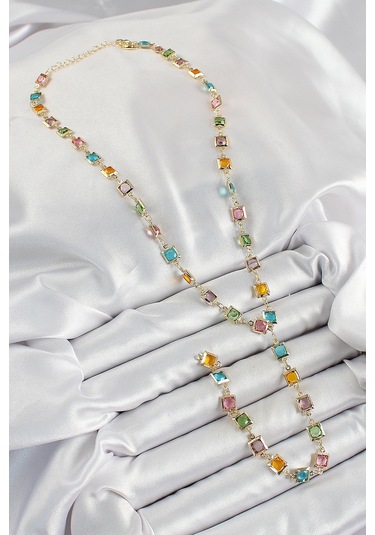 Pirinç Asorti Kare Model Gold Renk Zirkon Taşlı Y Kolye - Tj-bko10253 Gümüş