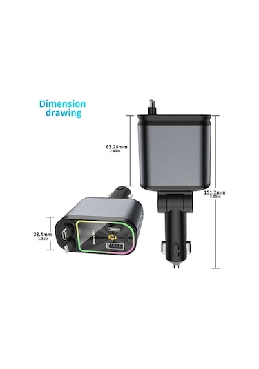 Vtn-01 4'ü 1 Arada Type-c Pd Hızlı Şarjlı 66w ,geri Çekilebilir Araç Telefonu Şarj Cihazı Siyah