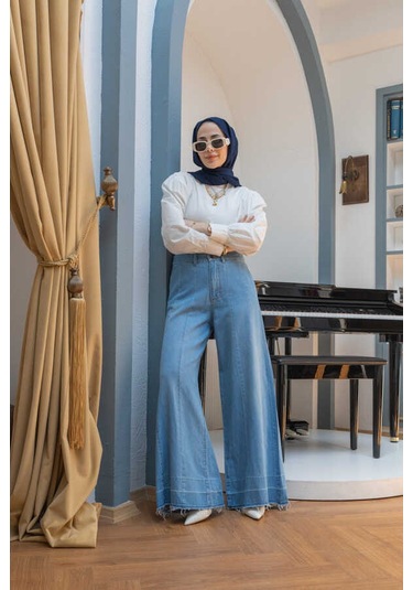 1166-parçalı Denim Bol Paça Pantolon Mavi Mavi