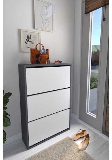 Bofigo Düşer Kapak Ayakkabılık Kayar Raflı Ayakkabılık 3 Bölmeli Ayakkabılık Melek Antrasit-Beyaz Bofigo Düşer Kapak Ayakkabılık Kayar Raflı Ayakkabılık 3 Bölmeli Ayakkabılık Melek Antrasit-Beyaz