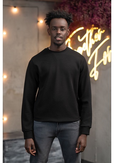 Dorss Regular Fit Armürlü Bisiklet Yaka Likralı Mevsimlik Sweatshirt Siyah