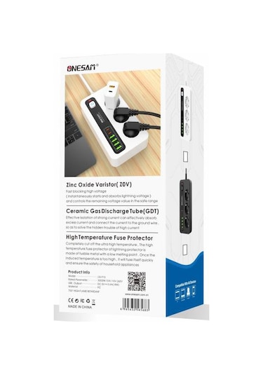 Akım Korumalı 4 Usb'li Ve 3 Type-c Li 3'lü Grup Priz 2 M Uzatma Kablosu Beyaz 1.5 M