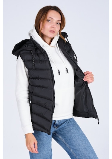 Everest Kadın Jel Dolgu Kapüşonlu Unısex Şişme Yelek Siyah