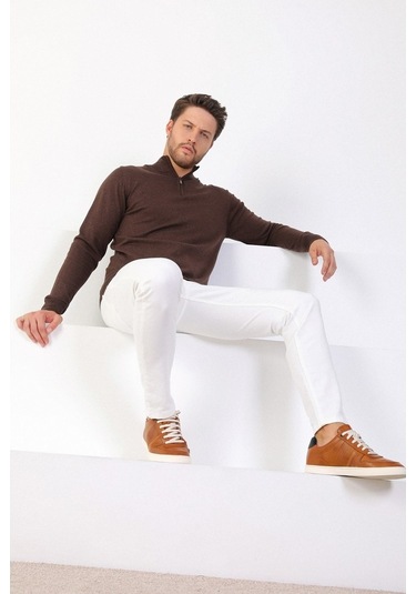 Ferraro Kahve Dik Yaka Düz Renk Pamuk Erkek Kazak Kahverengi