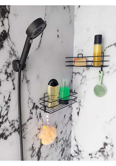 Yapışkanlı Kancalı 2 Adet Banyo Rafı Duş Başlığı Duş Seti Siyah
