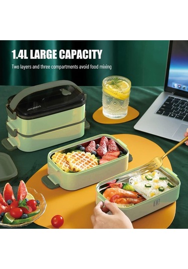 Xindoker Yeşil 1.4l 304 Çelik Bento Kutusu, 3 Bölmeli, Konik, Leşimsiz, Çocuk/yetişkin İçin, Ofis/kamping Uygun, Yıkama Makinesine Uygun Diğer