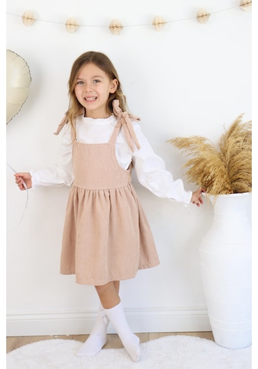 Fitilli Kadife Elbise İkili Takım Bej