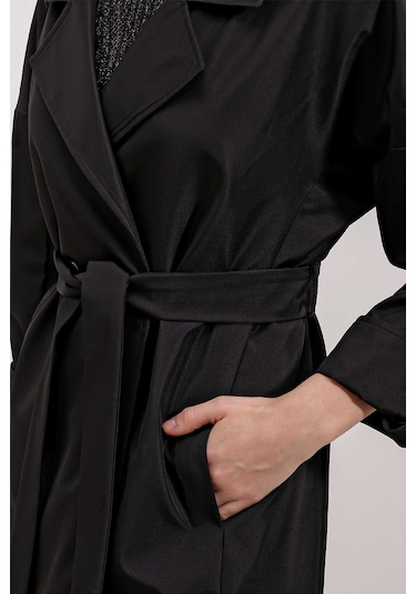 Gabria Kol Katlamalı Bağcıklı Trenchcoat Siyah