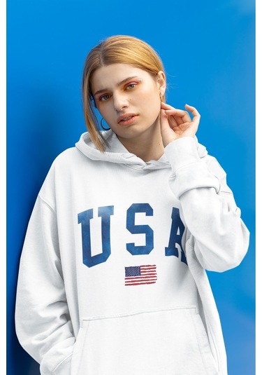 Unisex Bebe Mavi Los Angeles California Baskı Kapşonlu Sweatshırt Bebe Mavi