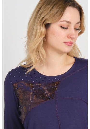 Detay Triko Kadın Boncuk İşlemeli Parlak Desenli Uzun Kol Anne Bluz 5744 Mor Mor
