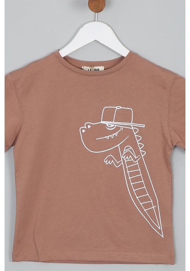 Luess Dinazor Baskılı Regular Fit Kısa Kollu Erkek Çocuk Tişört Kahverengi