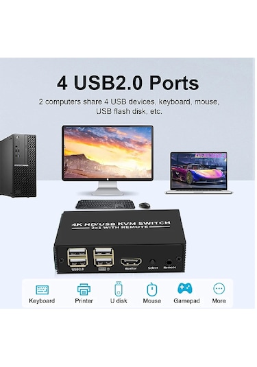 Alfais 4306 Hdmi Kvm Switch 2 Port Usb Type C 2 PC Tek Kasa Klavye ve Mouse Kontrol Çoklayıcı