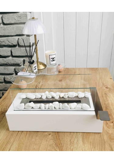 Beyaz Bioethanol Masaüstü Şömine Sertifikalı Yakıt Ve Taş Hediyel