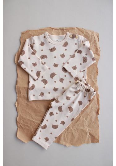 Ayıcık Baskılı Bebek Alt Üst Takım Ekru