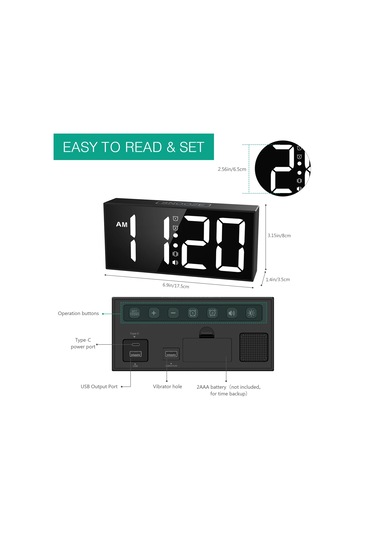 Oria Titreşimli Çalar Saat 7.5 '' Büyük Ekran Led Saat Yüksek Sesli Çalar Saat Black