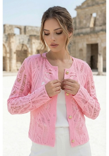 Sayzen Your Shine Dantel Desenli Gold Düğmeli Basic Ceket Shn-2602-tg Pembe