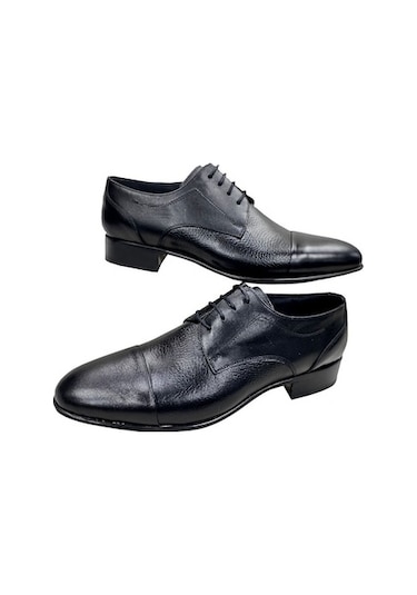 Erkek Klasik Bağcıklı Kösele Ara Baskılı Deri Siyah SAyakkabı