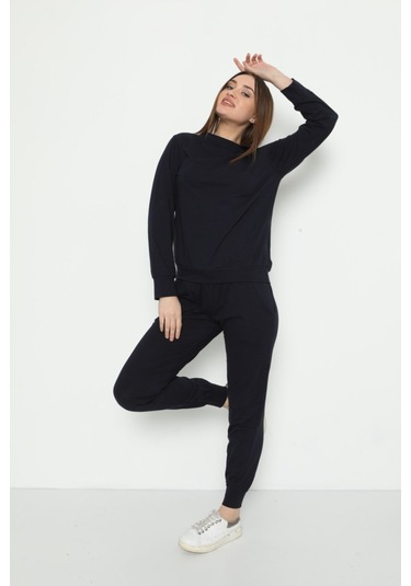 Kadın Bisiklet Yaka Pamuklu Uzun Kollu Pijama Takımı Lacivert Renkli 28243 Lacivert