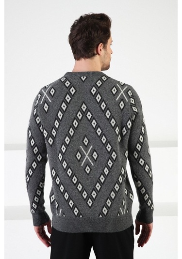 Ferraro Füme Kare Desenli Bisiklet Yaka %100 Kuzu Yün Erkek Kazak Füme