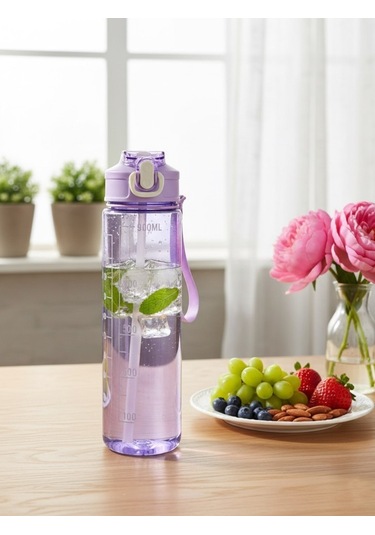 Mor, Şeffaf Pipetli Matara 900 Ml, Sızdırmaz Kapaklı Suluk