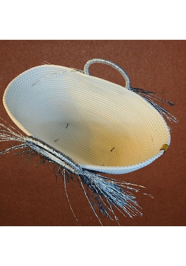 Uretti - Ayşe 4723 2092 El Yapımı Tress İp Yuvarlak Saplı Metalik Gümüş İp Püsküllü Plaj Çantası - Gümüş / Beyaz Beyaz - Gümüş