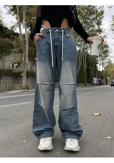Paradise Venedik Bağcıklı Oversize Cargo Jean - Vintage Mavi Çok Renkli