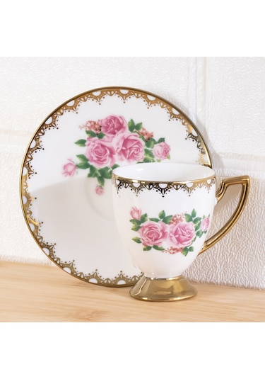 Porsima 3188 Rosemary 12 Parça Yaldızlı Porselen Türk Kahve Fincan Takımı Çok Renkli