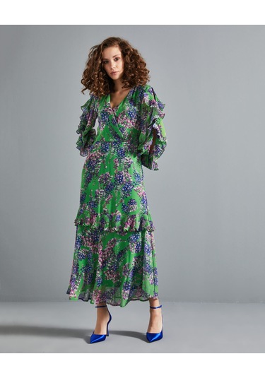 Çiçek Desenli Kadın Elbise - Katlı Etek Detaylı - Fırfırlı Kol - V Yaka - Modern Ve Şık Tasarım - Günlük Ve Özel Gün İçin Elbise Yeşil