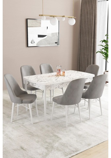 Sar Pakete Almira Serisi, Beyaz Mermer Desen 80x132 Açılabilir Mdf Mutfak Masası Takımı 6 Adet Sandalye Gri Sar Pakete Almira Serisi, Beyaz Mermer Desen 80x132 Açılabilir Mdf Mutfak Masası Takımı 6 Adet Sandalye Gri