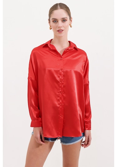 3985 Oversize Saten Gömlek - Kırmızı 3985bgd19-006-14516 001