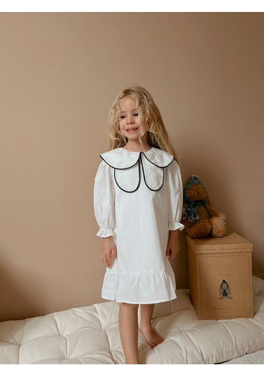 Linola Baby Kids Celine Kelebek Yaka Keten Elbise Ekru