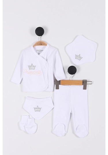 Prenses Desenli Müslin Kız Bebek Hastane Çıkışı Bebek Kıyafetleri Yenidoğan Hastane Çıkış Seti 5 Li Beyaz