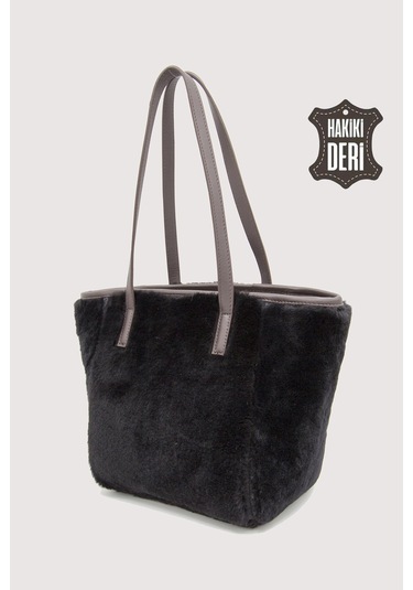 Hakiki Deri Kürklü Kadın El Çantası Siyah Smr9152 Siyah