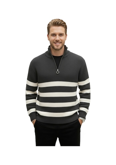 Deepsea Erkek Füme Yarım Fermuarlı Oversize Kesim Triko Kazak Pamuklu Yumuşak Örgü Çizgili Kazak 2608513 Füme Deepsea Erkek Füme Yarım Fermuarlı Oversize Kesim Triko Kazak Pamuklu Yumuşak Örgü Çizgili Kazak 2608513 Füme